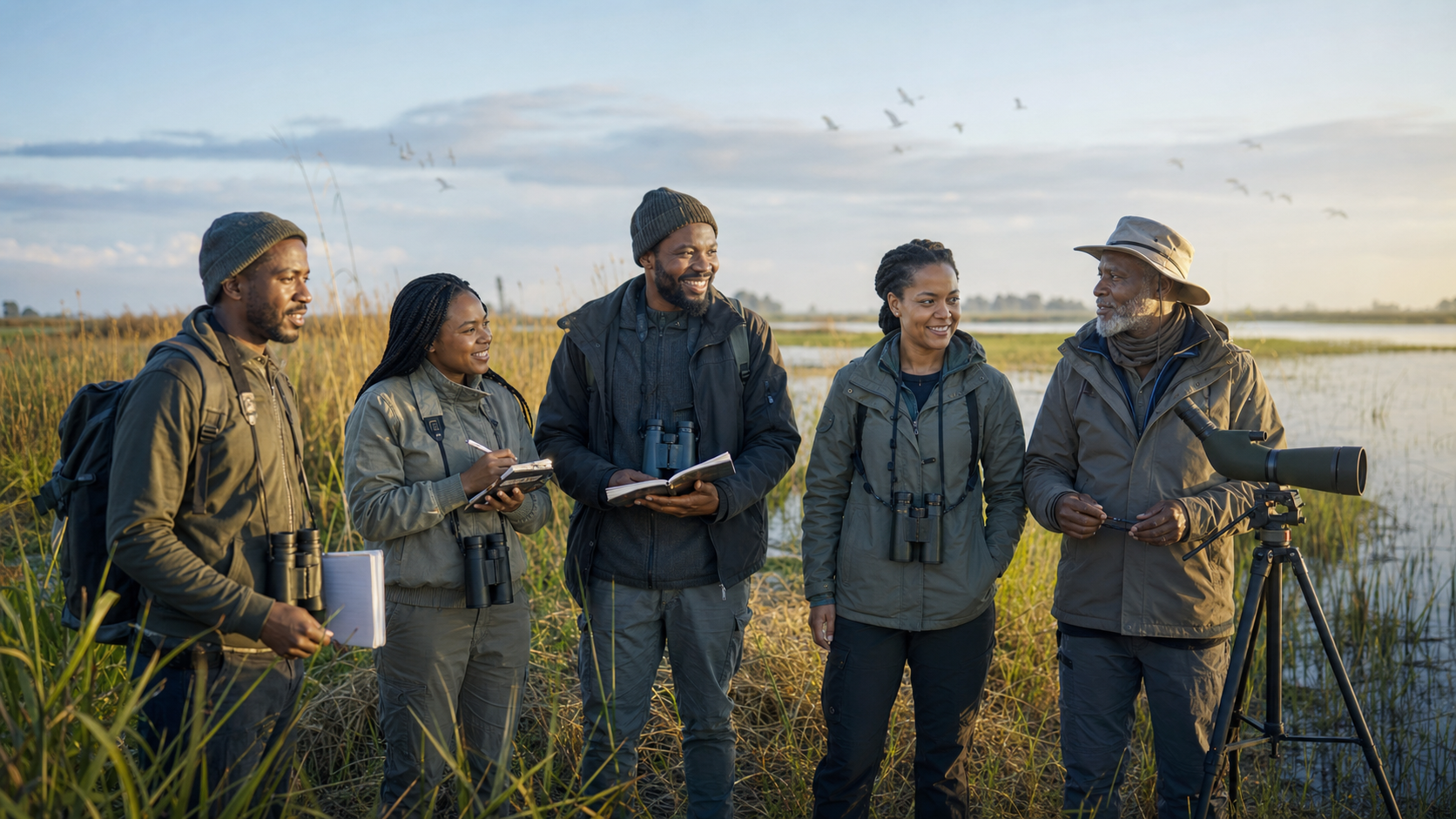 Bird conservation researchers working together beside a wetland